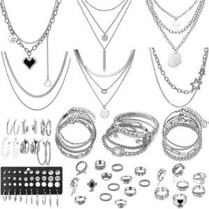Silver Jewelry Set – Layered Necklaces, Bracelets, Rings & Earrings Collection